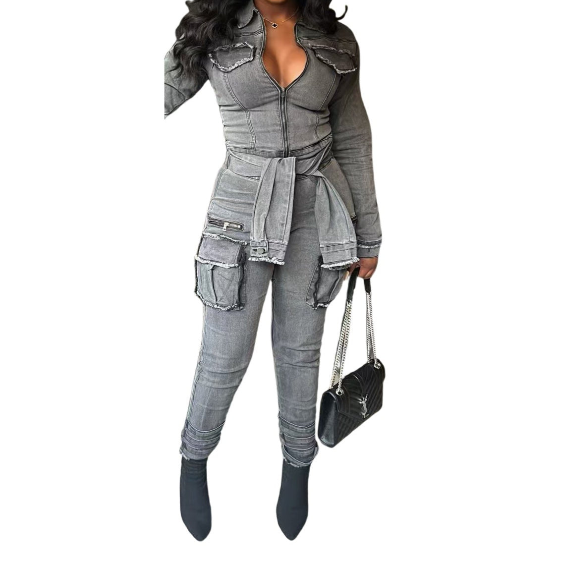Stretch Slim-Fit Belted Jumpsuit