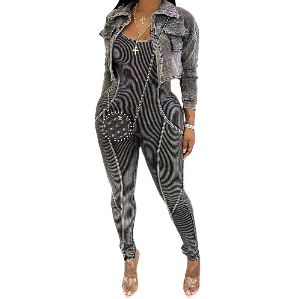 Vintage Washed Jumpsuit Casual Set