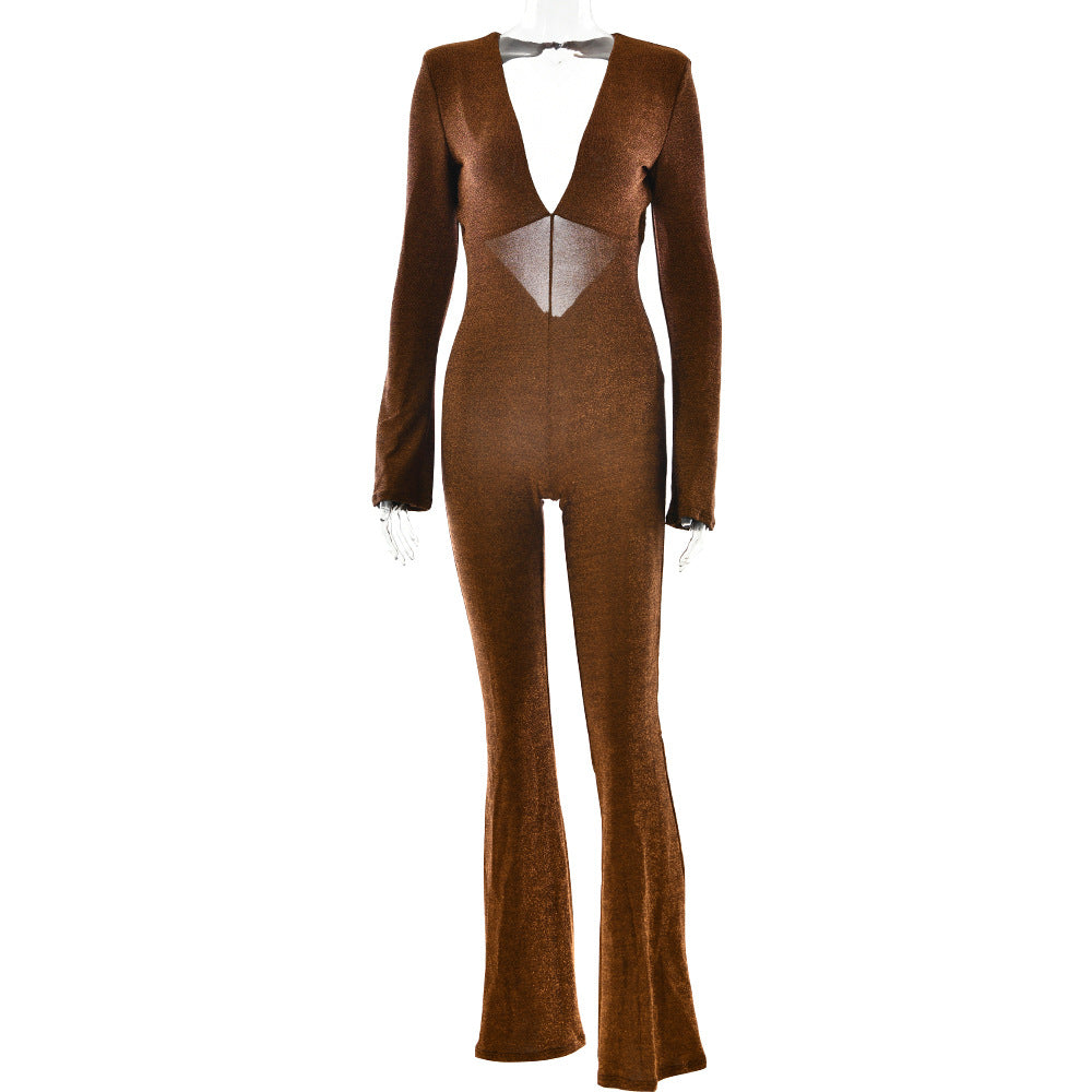 Deep V-Neck Fitted Flare Jumpsuit
