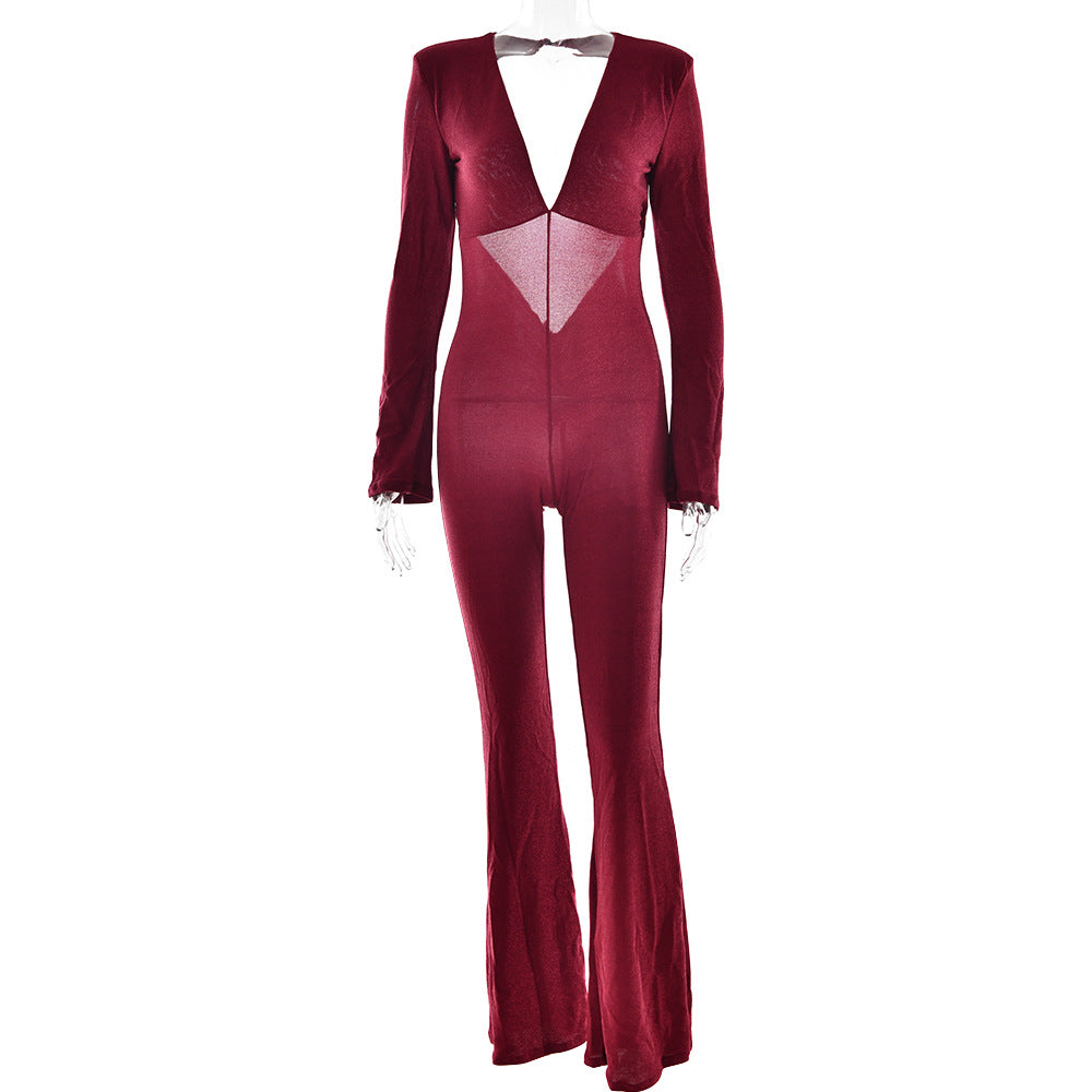 Deep V-Neck Fitted Flare Jumpsuit