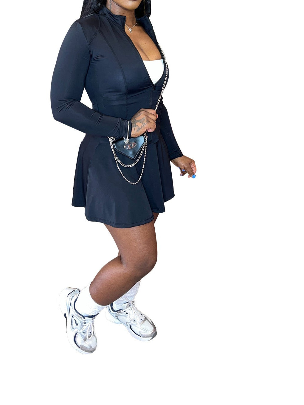 Zipper Jacket Pleated Mini Dress Workout Outfits