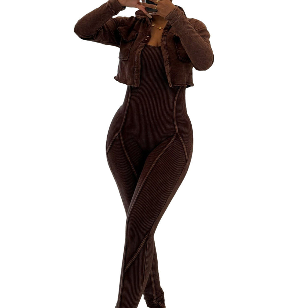 Vintage Washed Jumpsuit Casual Set