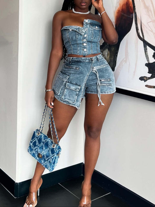 Sexy  Shorts Denim Set and Cutton Strapless Top Set