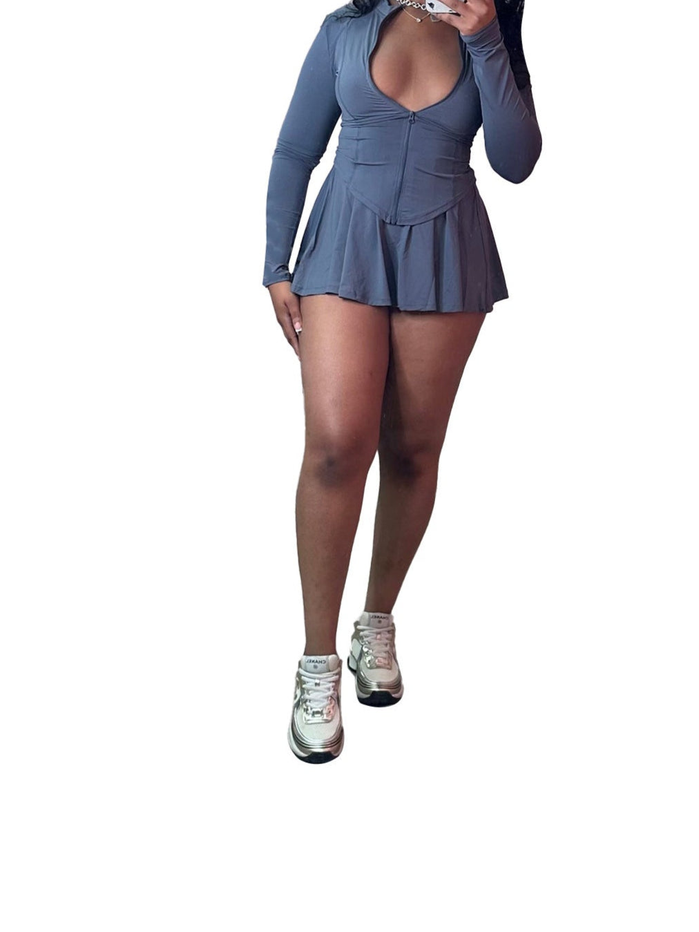 Zipper Jacket Pleated Mini Dress Workout Outfits