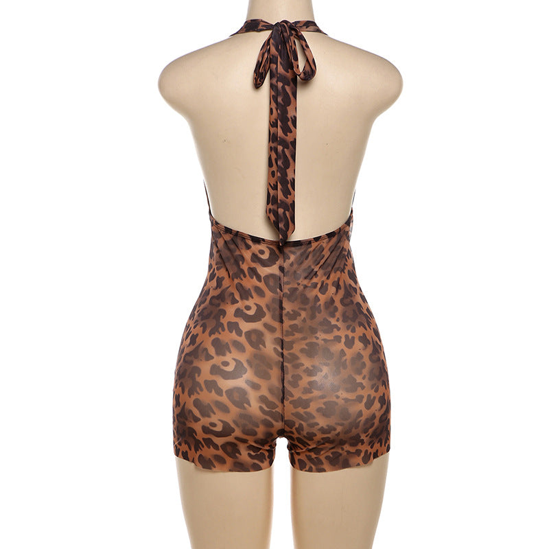 Mesh Sexy Halter Sleeveless Leopard Romper Y2K Bodycon