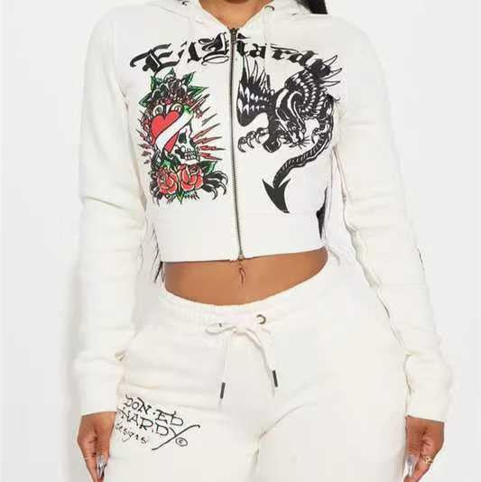 Exposed navel leopard print hoodie set