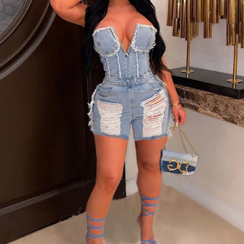 Sexy Zip Ripped Denim Jumpsuit
