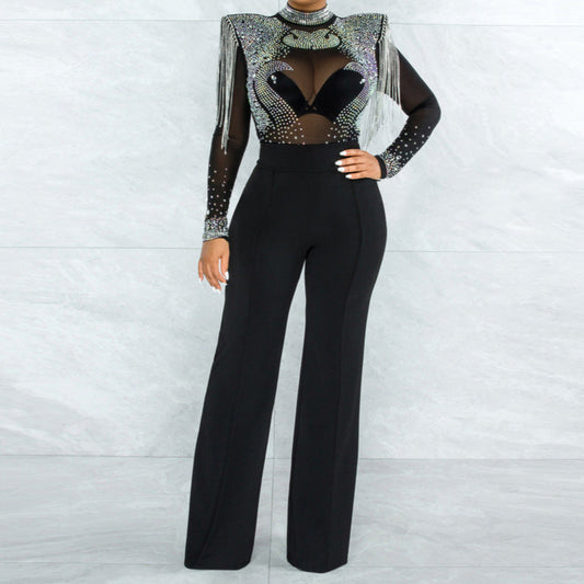 Sexy Elegant  Mesh See Through Rhinestone Jumpsuits