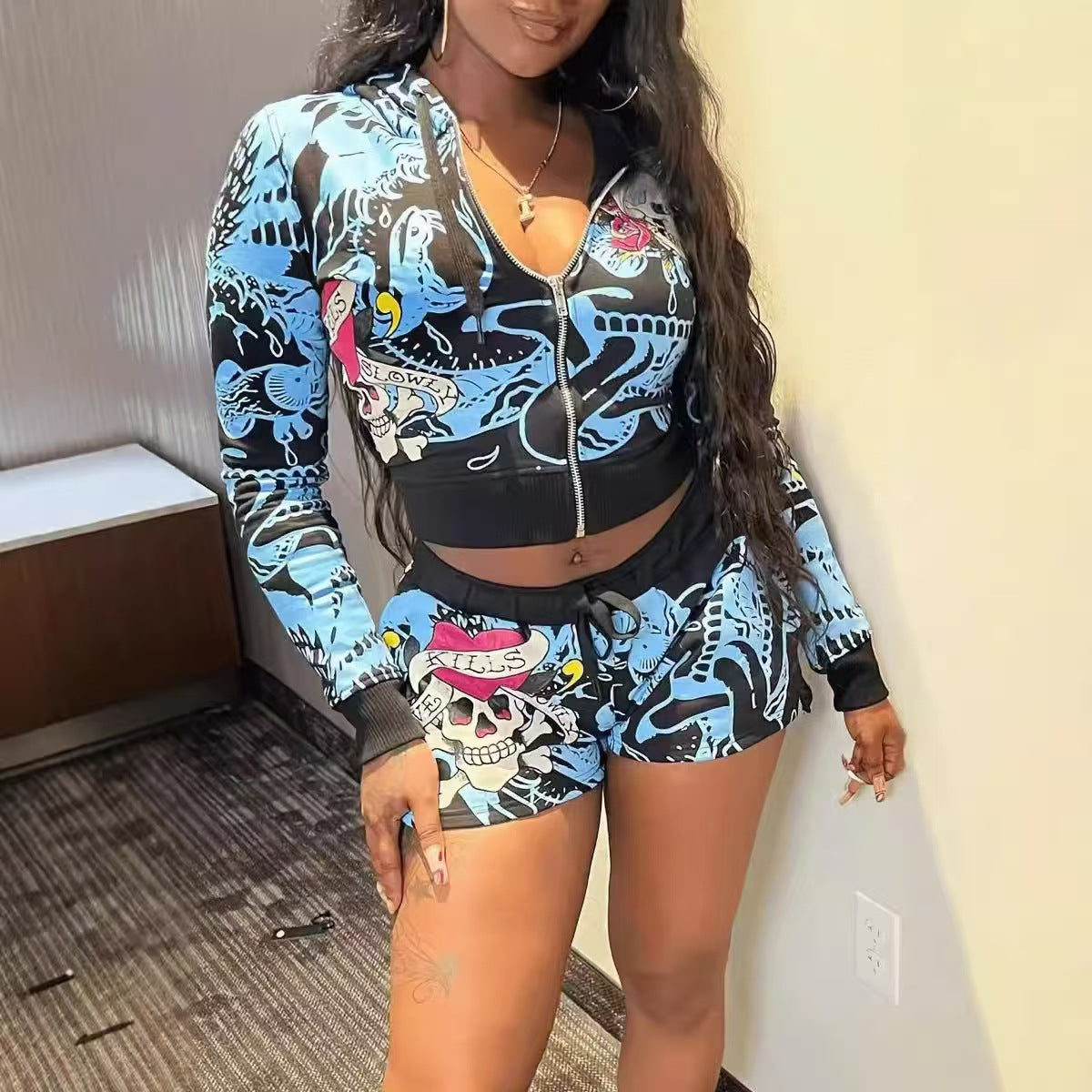 Exposed navel leopard print hoodie set