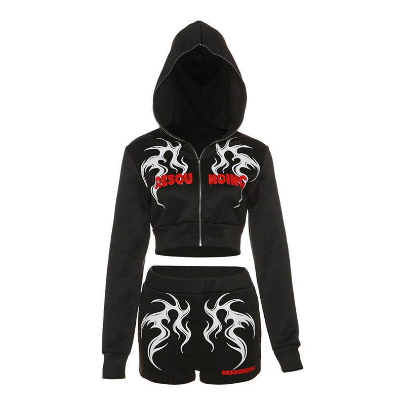 Streetwear hooded printed high-waisted cropped suit
