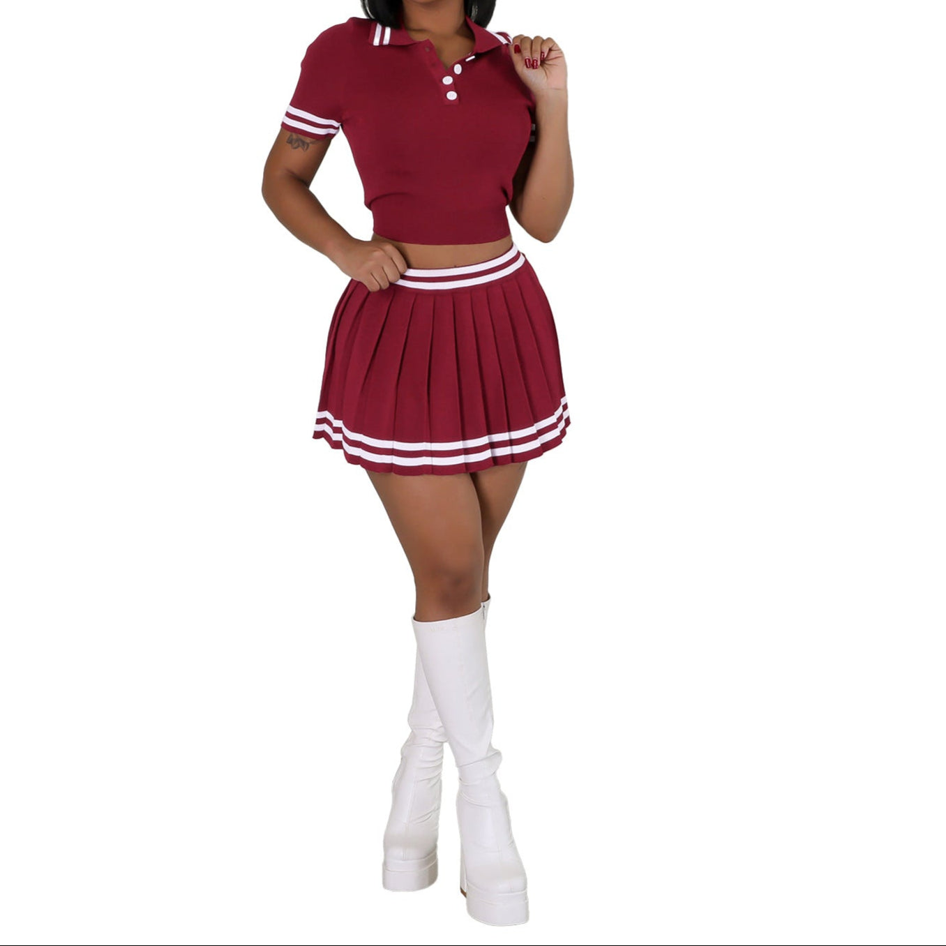 Color-blocked Knit Crop Polo Top with Skirt