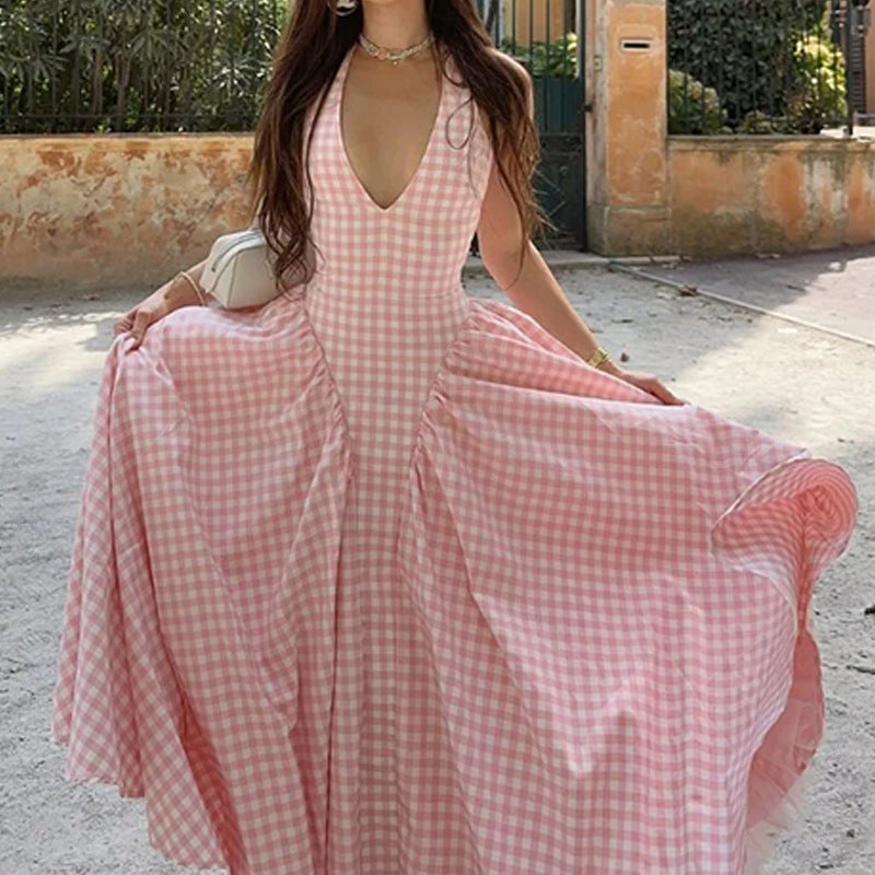 Waist-Cutout Halter V-Neck Pleated WrapDress