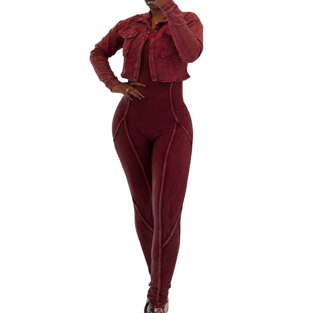 Vintage Washed Jumpsuit Casual Set