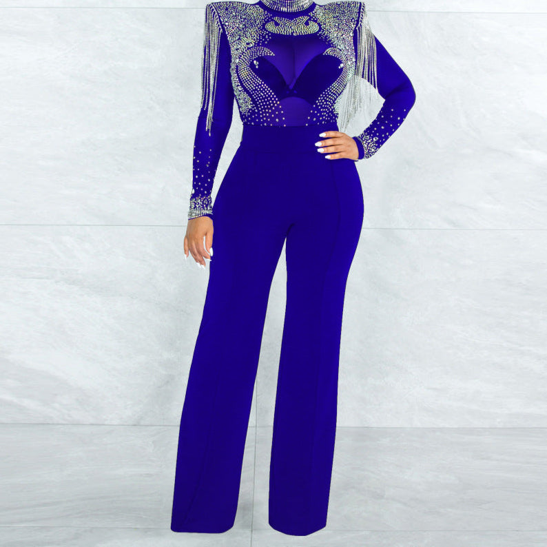 Sexy Elegant  Mesh See Through Rhinestone Jumpsuits