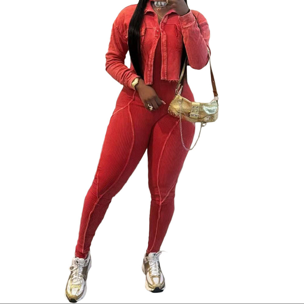 Vintage Washed Jumpsuit Casual Set