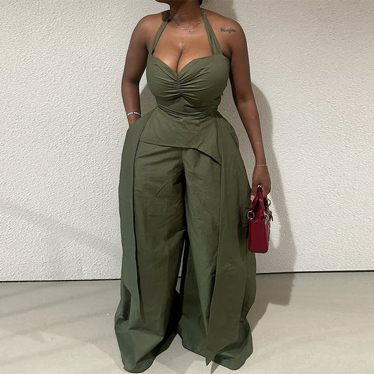 Sexy halter V-neck streamer jumpsuit trousers