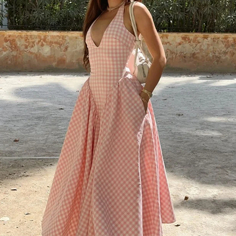 Waist-Cutout Halter V-Neck Pleated WrapDress