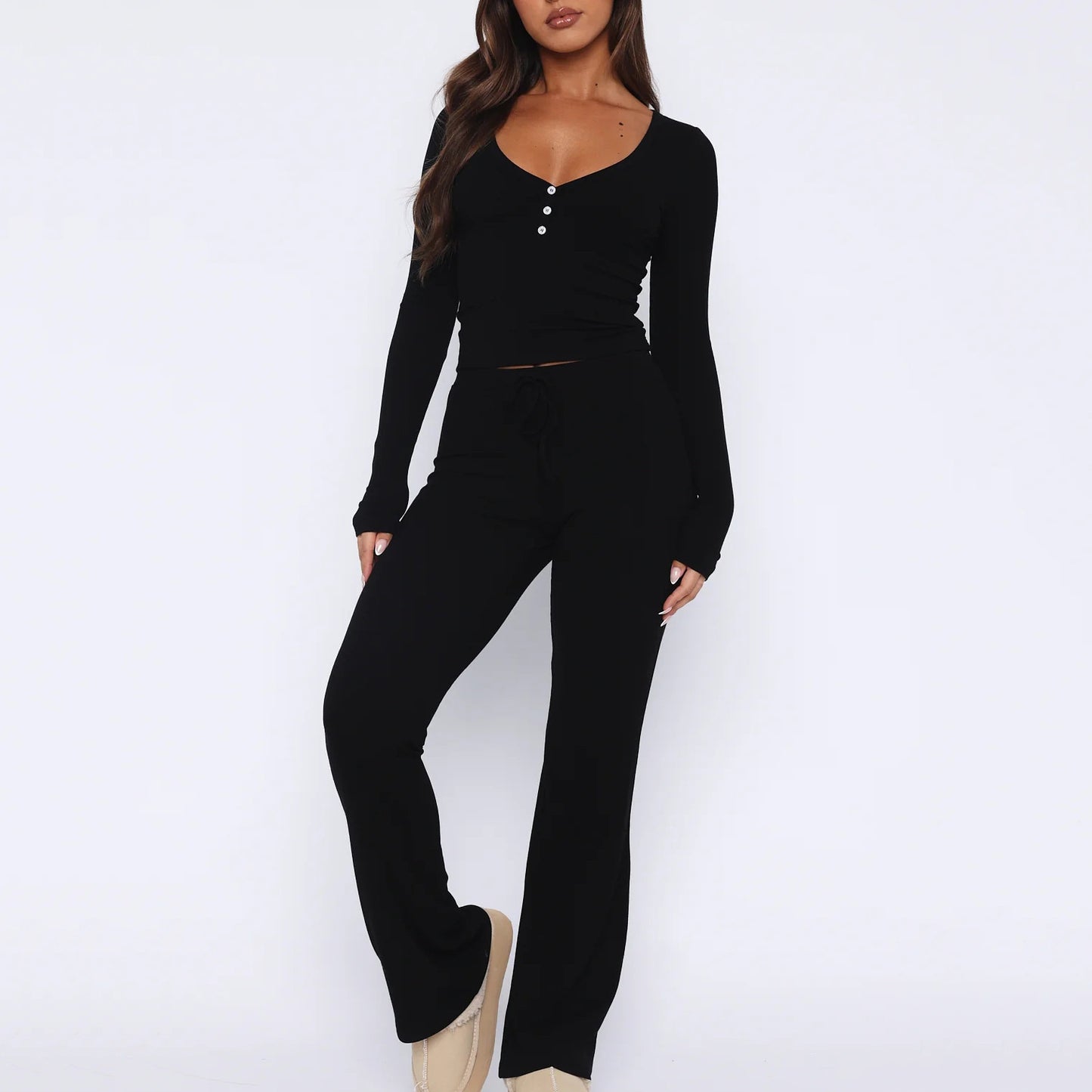 Long-Sleeve Button Bodycon Set