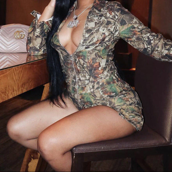 Y2K Camo with Long Sleeve Zip-Up Jumpsuit