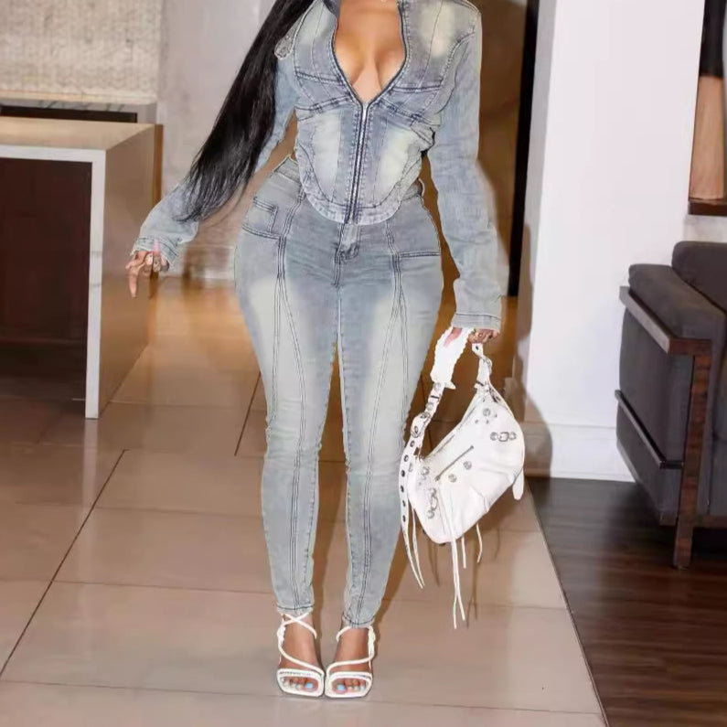 Denim Zip Up Cropped Jacket Bodycon