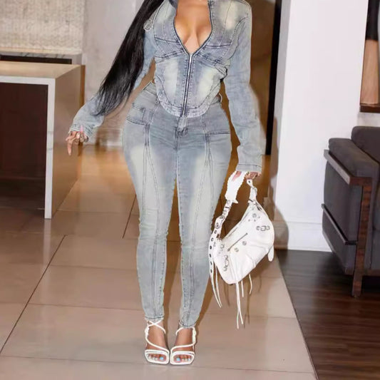 Denim Zip Up Cropped Jacket Bodycon