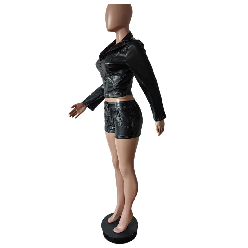 Long-Sleeve PU Shorts Stretch Casual Set