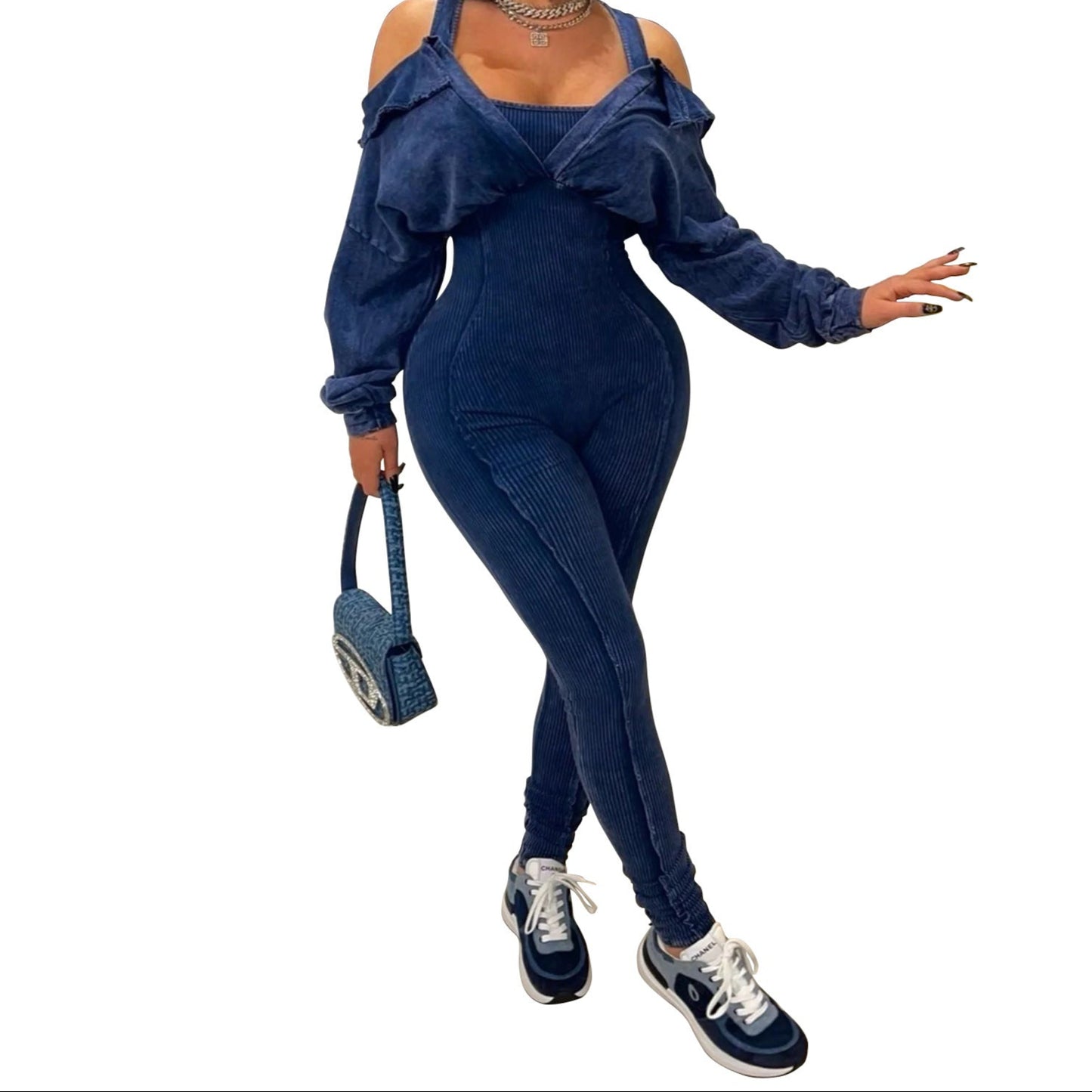 Distressed Off-Shoulder Bodycon Jumpsuit