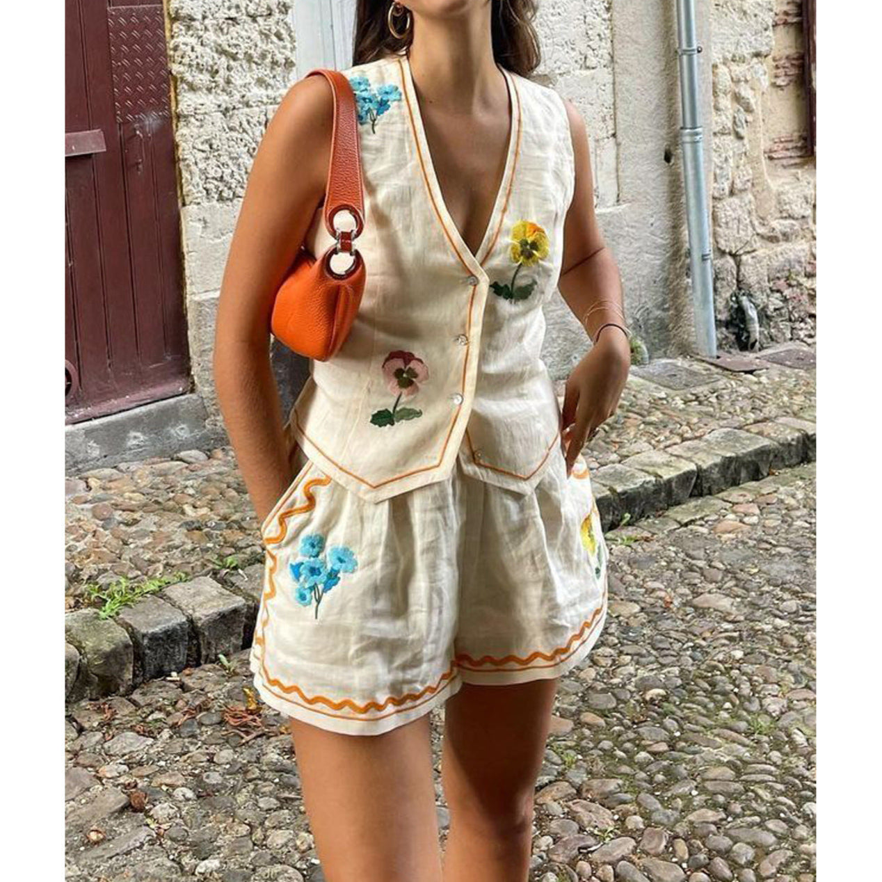 2 Piece Outfits Casual Button Vest  Set