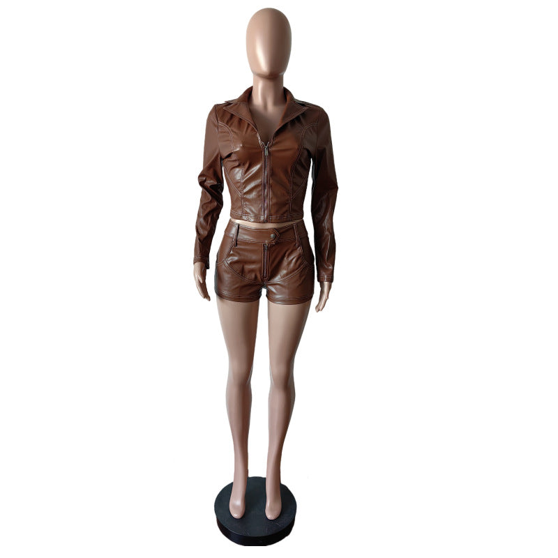 Long-Sleeve PU Shorts Stretch Casual Set