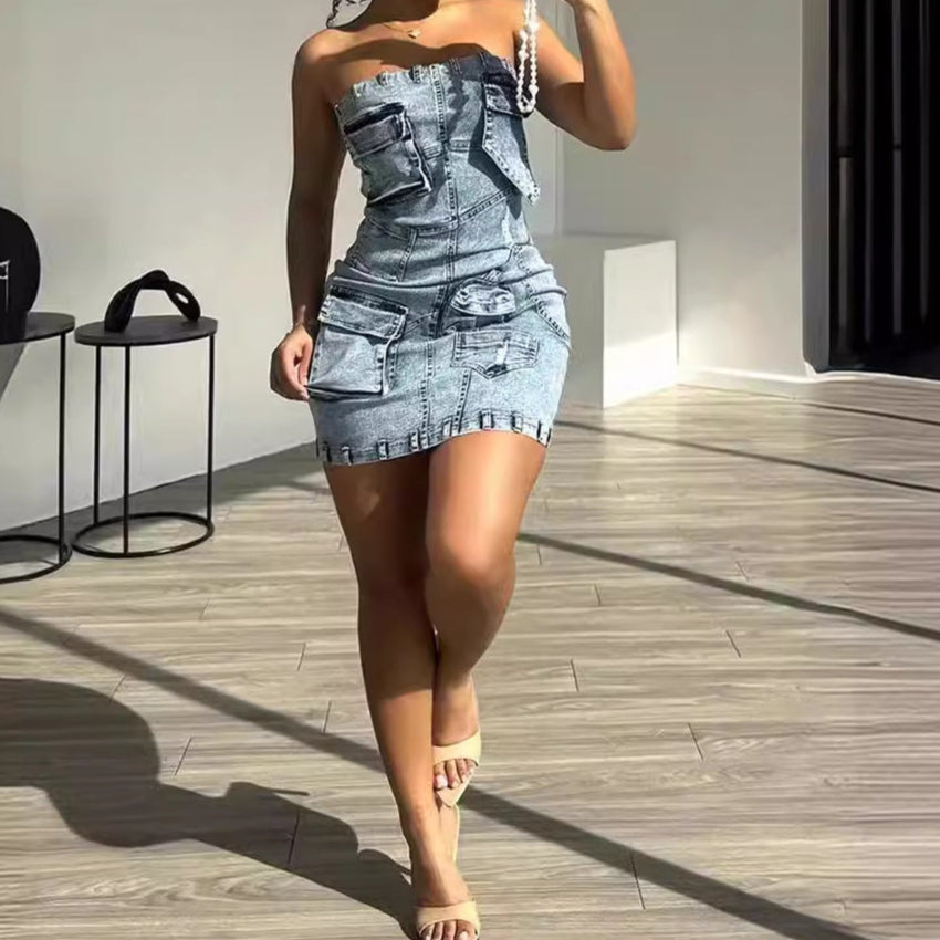 Strapless Slim-Fit 3D Pocket Dress