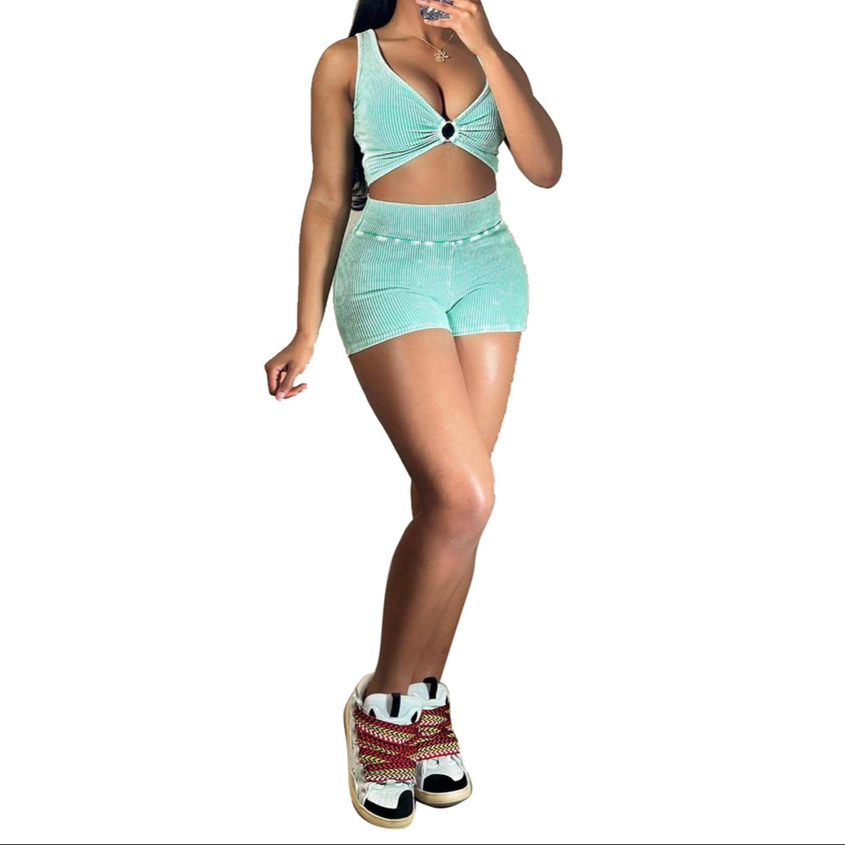 Washed Casual Shorts and Crop Top Set