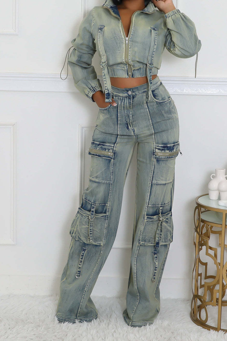 Long Sleeve Cropped Jean Jacket Cargo Pants with Pockets