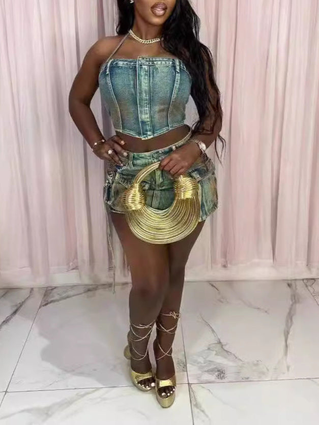 Y2K Denim Neckline Bodycon Skirt Set  with 3D Pocket