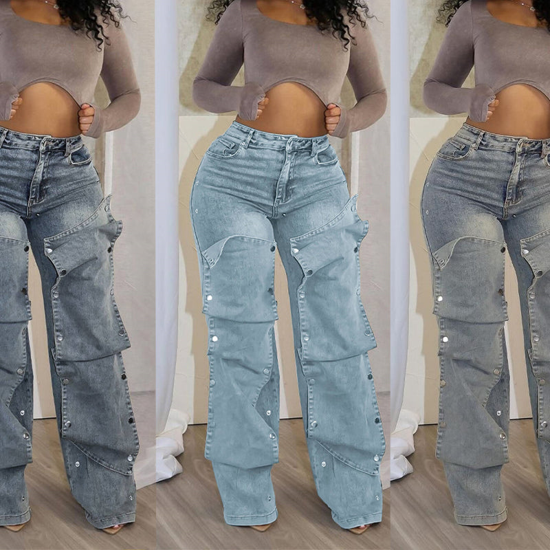Stylish metal buckles loose jeans
