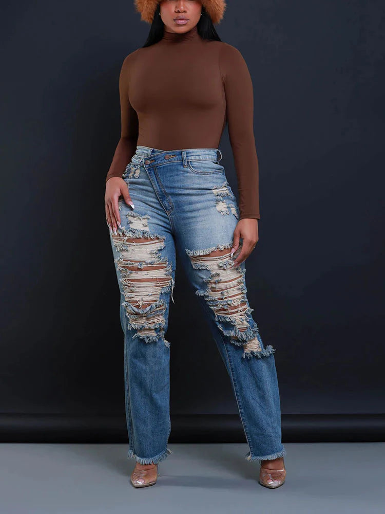 Distressed Asymmetrical Zip Jeans