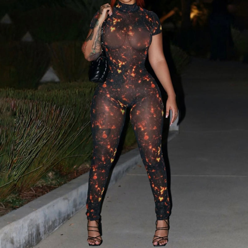 Fashionabl  mesh see through printed backless jumpsuit