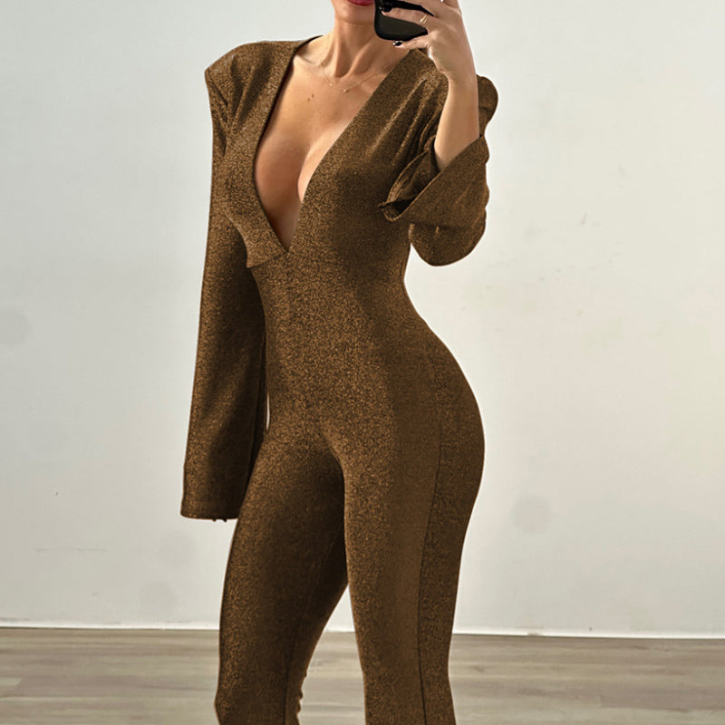 Deep V-Neck Fitted Flare Jumpsuit