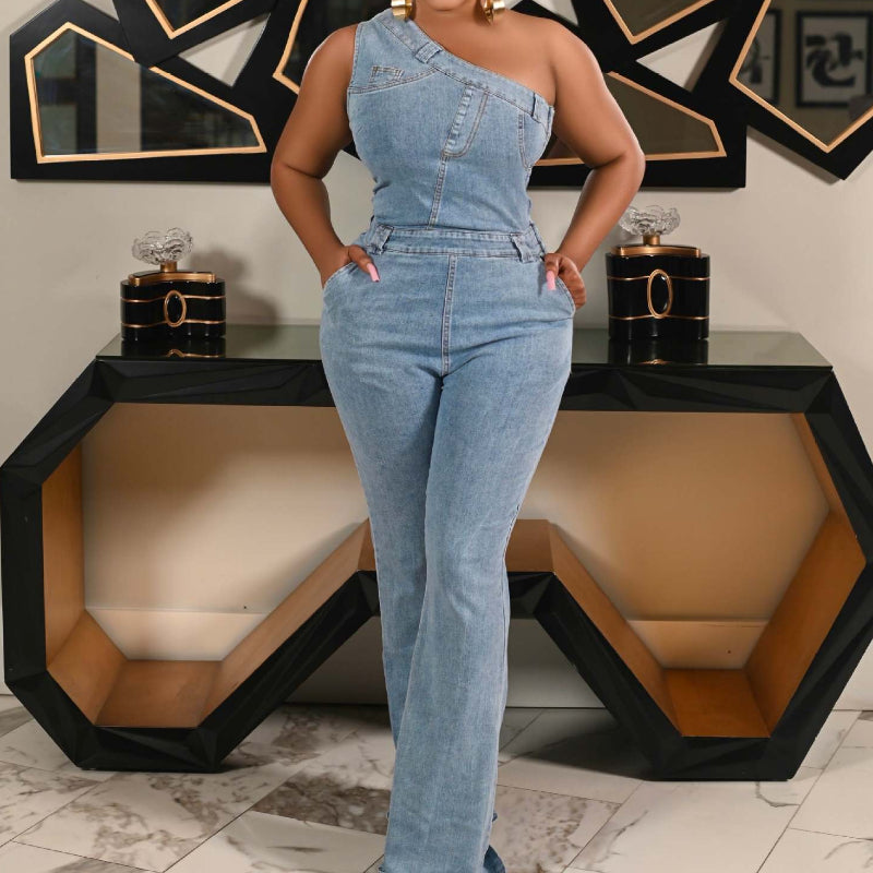 Washed Denim Jumpsuit Flared Leg