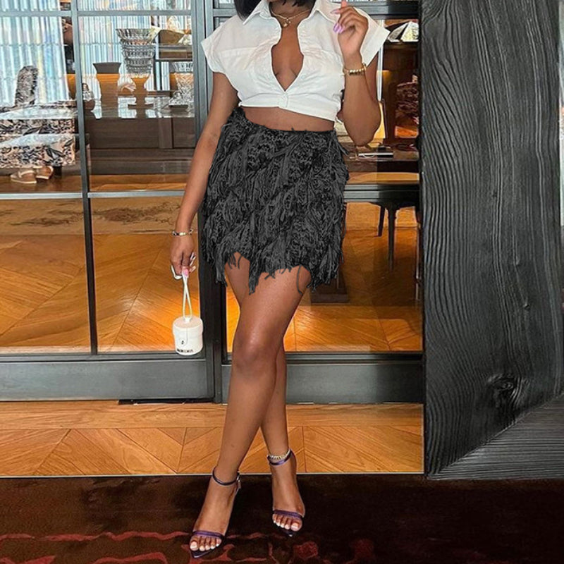 Personality striped tassel slim hip skirt