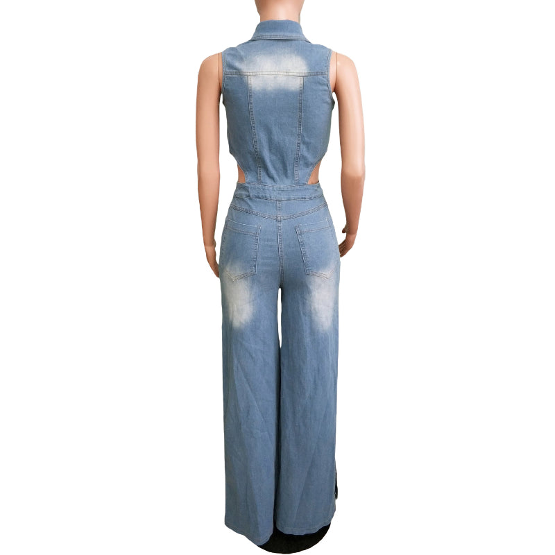 Washed denim loose straight jumpsuit