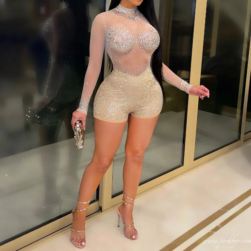 Hotfix Rhinestone Sheer Jumpsuit