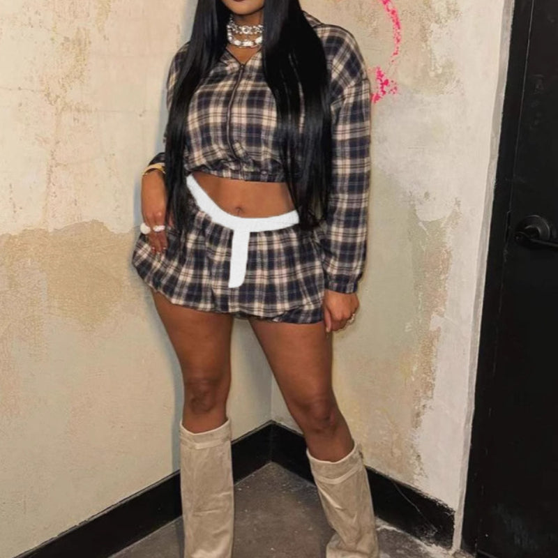 Plaid Print Zipped Peplum Skirt Set
