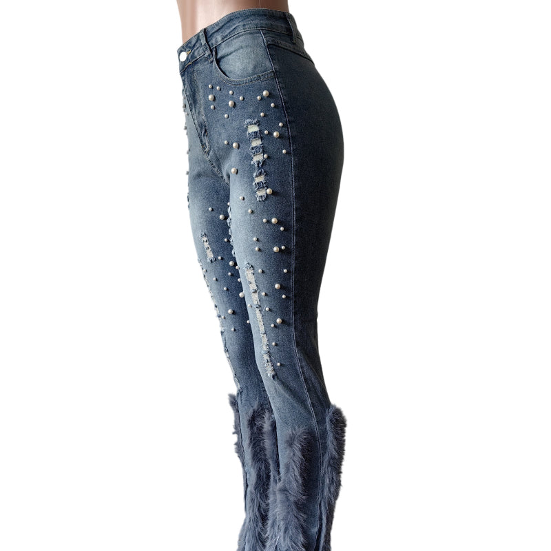 Pearl-Embellished Vintage Feather Jeans