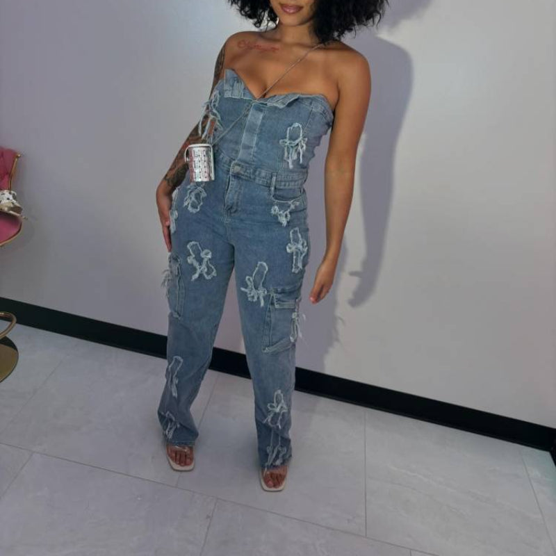 Cross Bustier & Denim Pants Set