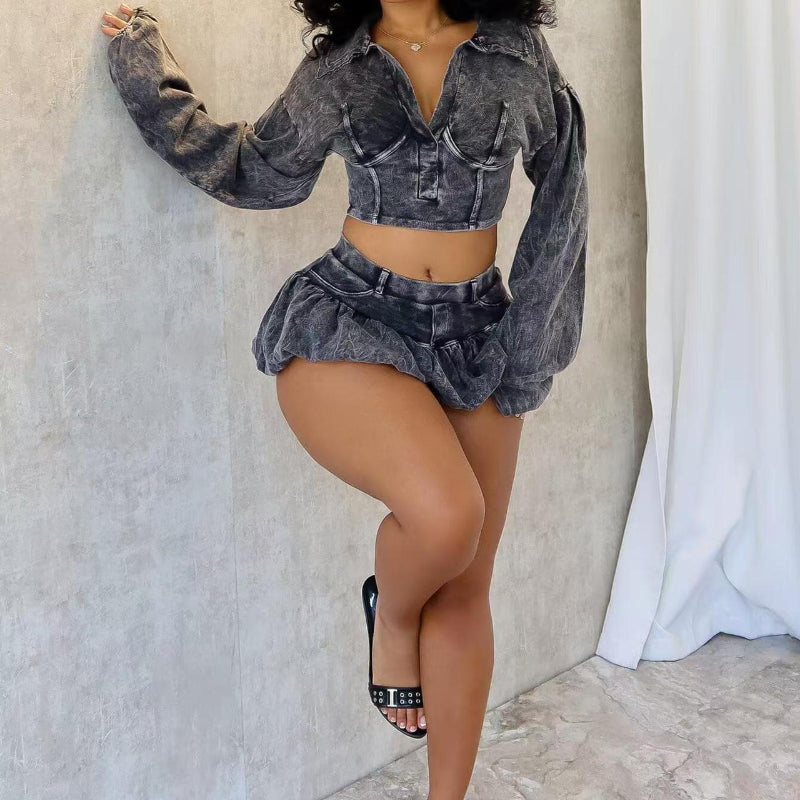 Washed-Distressed Skirt Set