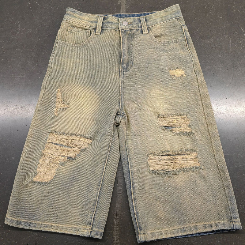 Vintage Washed Distressed Straight Wide-Leg Jeans