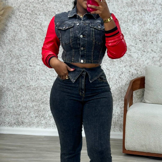 Leather  PU  Denim Patchwork Stretch Pants