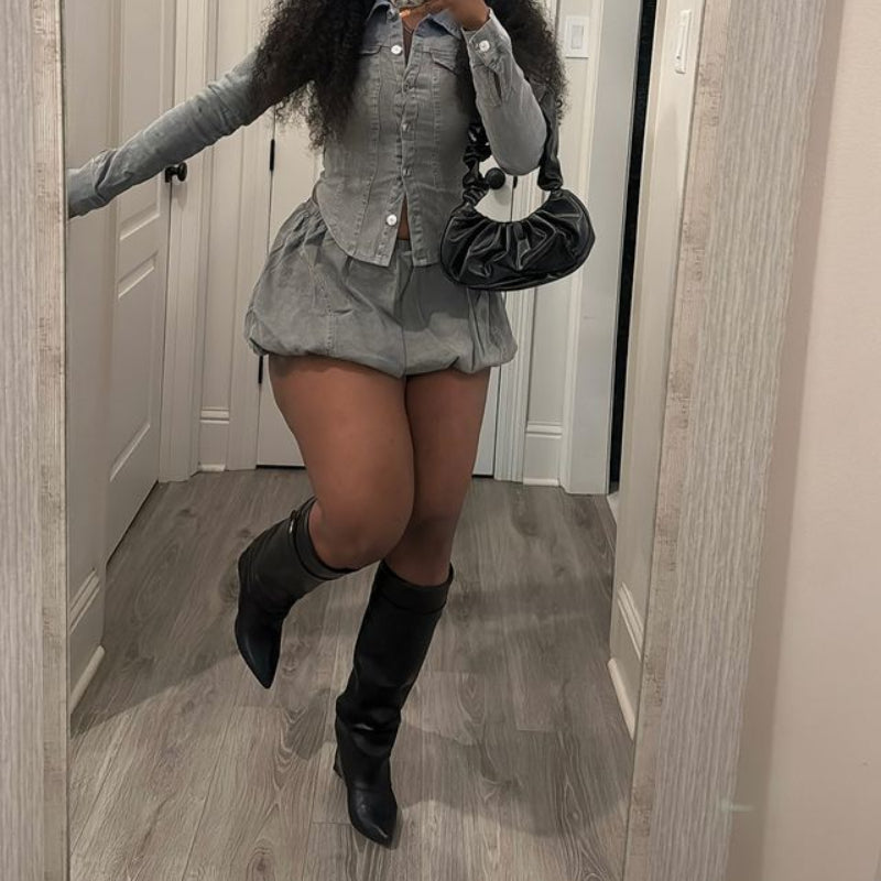 Slim-Fit Shirt Stretch Denim Skirt Set