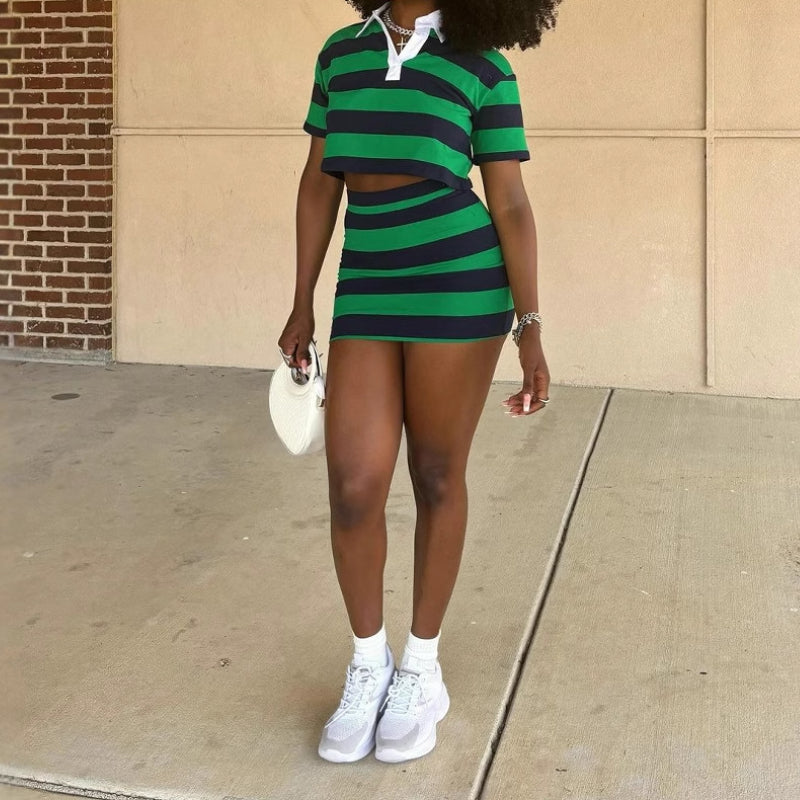 Striped Color-Blocking  Bodycon Mini Skirt Set