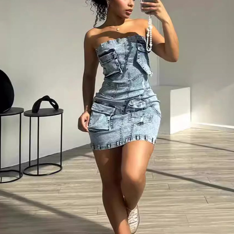 Strapless Slim-Fit 3D Pocket Dress